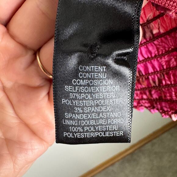 WAYF Loral Print Ruched Plunge Neck Satin Blouse Pink Berry Floral Long Sleeve - Picture 11 of 13